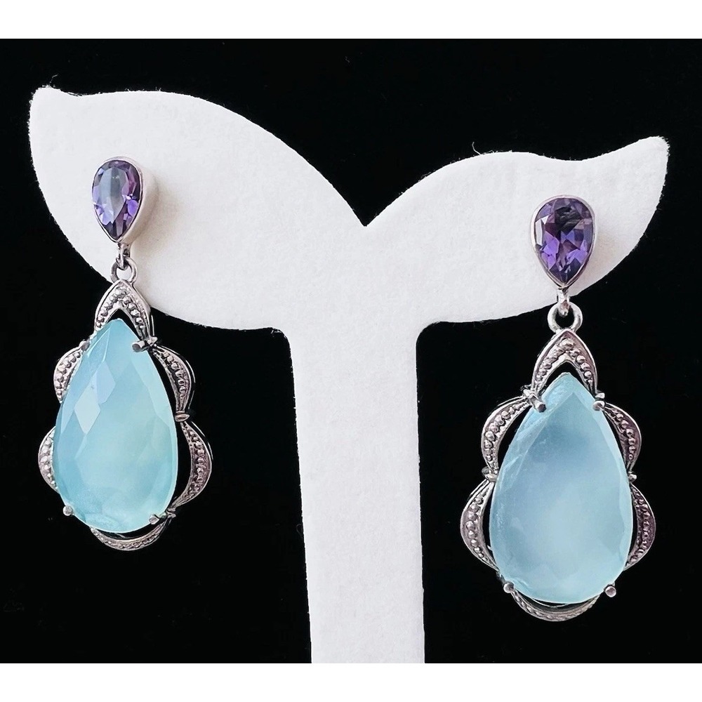 Nicky Butler Dangle Earrings 925 Sterling Silver Faceted Chalcedony & Amethyst
